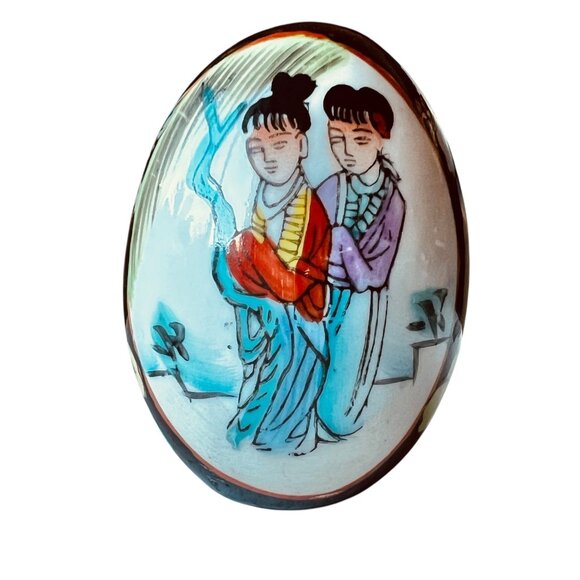 Hand-Painted Satsuma Porcelain Decorative Asian-Themed Egg With Floral & Village - Picture 1 of 9
